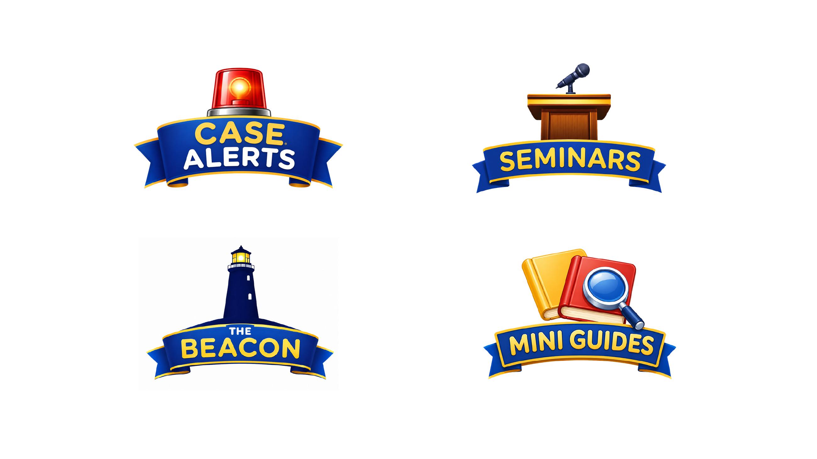 Individual badge designs: Case Alerts, Seminars, The Beacon, and Mini Guides